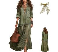 Women's Washed Faux-Denim Patchwork Maxi Dress,Retro Flowy Lapel Denim Spliced Tiered Long Skirt Dress with Sheer Mesh Hem (FR/ES, Alpha/Lettres, TTG, Taille Normale, Taille Normale, Green)