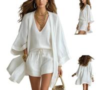 Women's White Loose Cardigan and Drawstring Shorts Three-Piece Set,Lightweight Layered Three Piece Set with Drawstring Shorts (White, XL)