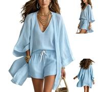 Women's White Loose Cardigan and Drawstring Shorts Three-Piece Set,Lightweight Layered Three Piece Set with Drawstring Shorts (Lake Blue, S)