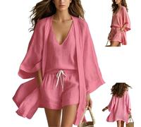 Women's White Loose Cardigan and Drawstring Shorts Three-Piece Set,Lightweight Layered Three Piece Set with Drawstring Shorts (Pink, 3XL)