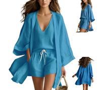 Women's White Loose Cardigan and Drawstring Shorts Three-Piece Set,Lightweight Layered Three Piece Set with Drawstring Shorts (Blue, XXL)