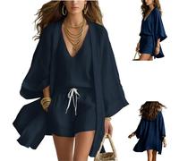 Women's White Loose Cardigan and Drawstring Shorts Three-Piece Set,Lightweight Layered Three Piece Set with Drawstring Shorts (Navy Blue, XL)