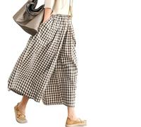 Womens Wide Leg Capri Pants Elastic Waist Plaid Gingham,Women's Cotton Linen Wide Leg Culottes Elastic Waist Plaid Gingham (Coffee,TTG)