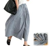 Womens Wide Leg Capri Pants Elastic Waist Plaid Gingham,Women's Cotton Linen Wide Leg Culottes Elastic Waist Plaid Gingham (Navy Blue,S)
