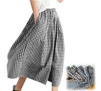 Womens Wide Leg Capri Pants Elastic Waist Plaid Gingham,Women's Cotton Linen Wide Leg Culottes Elastic Waist Plaid Gingham (Black,M)