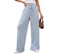 Women's Wide Leg Pants Ribbed Drawstring Lounge Pants Elastic Waist | Soft Ribbed Surface Relaxed Wide Leg Shape Flexible Elastic Waist Adjustable Drawstring Full Length Everyday Comfort