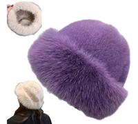 Women's Winter Faux Fur Bucket Hat,Fluffy Furry Warm Hat,Soft Plush Fisherman Cap,Cozy Thickened Mongolian Hats for Outdoor (Purple)