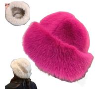 Women's Winter Faux Fur Bucket Hat,Fluffy Furry Warm Hat,Soft Plush Fisherman Cap,Cozy Thickened Mongolian Hats for Outdoor (Rose Red)