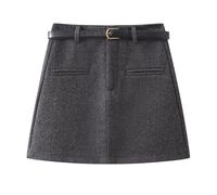 Women's Wool Blend Mini Skirt Fall Winter Petite High Waist A-Line-Grey-Medium