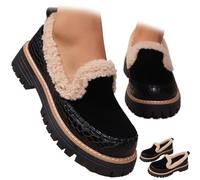 Women's Wool Lining Thick Sole Suede Leather Loafers, Winter Warm Trendy Non Slip-on Comfort Casual Dress Shoes (Black,40)