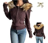 Women's Y2k Faux Fur Lined Hood Cardigan Sweaters,Long Sleevees Zip Up Cable Knitted Slim Fit Hooded Jackets with Ribbed Trim (FR/ES, Alpha/Lettres, TG, Taille Normale, Taille Normale, Brown)