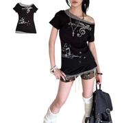 Womens Y2K Graphic Tops Slim Fit Sleeve Off Shoulder Tee Vintage Aesthetic Cute Emo Grunge Harajuku Wind Alt T-Shirt (Black,Grand)