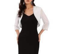 WOMLAYOUT Boléro de Soirée Femme Devant Ouvert Manches Longues Demi-Transparent Gilet à Paillettes et Perles Blanc M