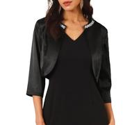 WOMLAYOUT Boléro en Satin Femme Gilet Court Élégant à Manches 3/4 Veste Chic et Élégante Devant Ouvert Noir S