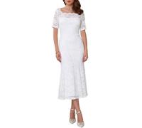 WOMLAYOUT Robe de Cocktail Femme à Épaules Dénudées, Manches Courtes en Dentelle, Style Sirène Robe Maxi pour Invité de Mariage Blanc L