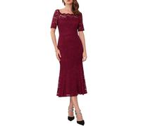 WOMLAYOUT Robe de Cocktail Femme à Épaules Dénudées, Manches Courtes en Dentelle, Style Sirène Robe Maxi pour Invité de Mariage Bourgogne L