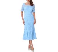 WOMLAYOUT Robe de Cocktail Femme à Épaules Dénudées, Manches Courtes en Dentelle, Style Sirène Robe Maxi pour Invité de Mariage Bleu Ciel M