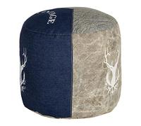 WOMO-DESIGN Pouf Rond Jacksonville Naturel/Bleu Ø35x43cm Toile/Jean Rembourrage en Coton Tabouret Fait à Main Ottoman Repose Pied de Salon Coussin de Sol Siège Cube Style Rétro Design Intemporel