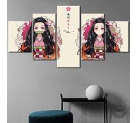 Wondbeau Impression sur Toile Cinq Tableaux Consécutifs Décoration De Maison Moderne Peinture 5 Panneaux Abstraits Modulaire Poster avec Cadre L/150cm×80cm Tueur De Démons D'Anime,Kamado Nezuko