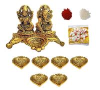 Wonder Care | Ganesha Lakshmi Statue mit großem Detail aus Elfenbein Antik-Finish Metall Diya für Diwali Pooja Öllampe - Ganesh Idol für Auto | Wohnkultur | Mandir | Geschenk | Hindu-Gott-Idol