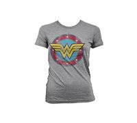 Wonder Woman Officially Licensed Merchandise Distressed Logo Girly Tee (H.Grey), Medium