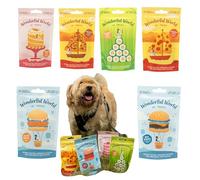 Wonderful World of Treats Lot de 6 sachets de friandises pour chien - 6 saveurs, hamburgers au bœuf et au poulet, saumon maki, pepperoni et viande, gâteau aux carottes, 6 sachets de friandises de 50 g