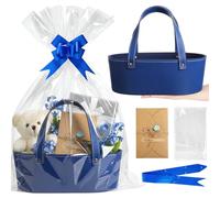 Wonderjune Panier cadeau vide en cuir avec sacs cadeaux, rubans, cartes de vœux, grand et petit panier vide avec poignée pour Thanksgiving, mariage, fête prénuptiale, cadeaux d'anniversaire (bleu