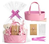 Wonderjune Panier cadeau vide en cuir avec sacs cadeaux, rubans, cartes de vœux, grand petit panier vide avec poignée pour Thanksgiving, mariage, fête prénuptiale, cadeaux d'anniversaire (rose, taille