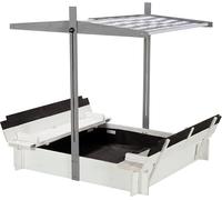 WONDERMAKE® Bac à sable design en bois avec toit, couverture et banc, pour enfant, avec couvercle rabattable, protection solaire UV, bac à sable, carré, pour jardin, extérieur, aire de jeux, 120 x 120