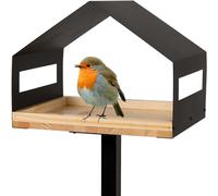 WONDERMAKE® Mangeoire design avec support en métal et bois, résistante aux intempéries, moderne, grand toit en métal, mangeoire pour oiseaux, à poser, taille XL