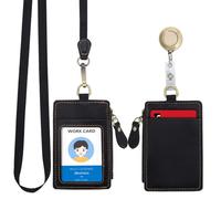 Wonderpool Cartes Porte-badge en Cuir Portefeuille Zippé avec Lanière Détachable Tour et Porte-clés Rétractable pour les pièces de monnaie Clés Billets et permis étudiant travail (Noir)