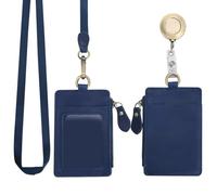 Wonderpool Cartes Porte-badge en Cuir Portefeuille Zippé avec Lanière Détachable Tour et Porte-clés Rétractable pour les pièces de monnaie Clés Billets et permis étudiant travail (Bleu))