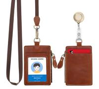 Wonderpool Cartes Porte-badge en Cuir Portefeuille Zippé avec Lanière Détachable Tour et Porte-clés Rétractable pour les pièces de monnaie Clés Billets et permis étudiant travail (rouge marron)