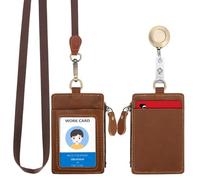 Wonderpool Cartes Porte-badge en Cuir Portefeuille Zippé avec Lanière Détachable Tour et Porte-clés Rétractable pour les pièces de monnaie Clés Billets et permis étudiant travail (Marron)