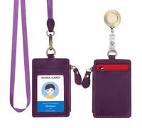 Wonderpool Cartes Porte-badge en Cuir Portefeuille Zippé avec Lanière Détachable Tour et Porte-clés Rétractable pour les pièces de monnaie Clés Billets et permis étudiant travail (Violet))