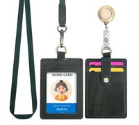 Wonderpool Porte-badge d'identification en cuir avec cordon de cou amovible et bobine de badge rétractable pour bureau école hôpital exposition (Vert)