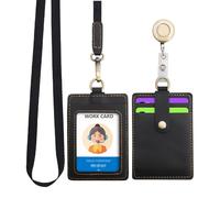 Wonderpool Porte-badge d'identification en cuir avec cordon de cou amovible et bobine de badge rétractable pour bureau école hôpital exposition (Noir)