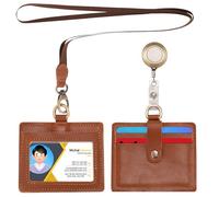 Wonderpool Porte-badge horizontal cuir avec cordon tour de cou amovible et clip rétractable badge, emplacements cartes porte-carte pour badges carte et permis de conduire (Brun)