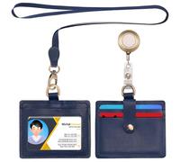 Wonderpool Porte Badge horizontal cuir avec cordon tour de cou amovible et clip rétractable badge, emplacements cartes porte-carte pour badges carte et permis de conduire (Bleu)