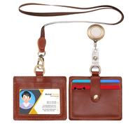 Wonderpool Porte Badge horizontal cuir avec cordon tour de cou amovible et clip rétractable badge, emplacements cartes porte-carte pour badges carte et permis de conduire (Brun rouge)