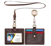 Wonderpool Porte-badge horizontal cuir avec cordon tour de cou amovible et clip rétractable badge, emplacements cartes porte-carte pour badges carte et permis de conduire (Café)
