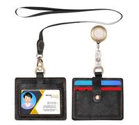 Wonderpool Porte-badge horizontal cuir avec cordon tour de cou amovible et clip rétractable badge, emplacements cartes porte-carte pour badges carte et permis de conduire (Noir)