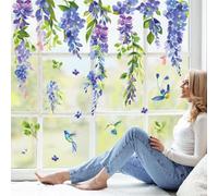 wondever Stickers Fenetre Fleurs Bleues Violet Printemps Autocollant Fenêtre Fleurs Vigne Feuilles Colibri Electrostatique Anti-Collision Décoration pour Printemps Été Vitre Stickers