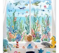 wondever Stickers Fenetre Sous la Mer Poissons Autocollant Fenêtre Algues Corail Marines Tortue Electrostatique Anti-Collision Décoration pour Printemps Été Vitre Stickers