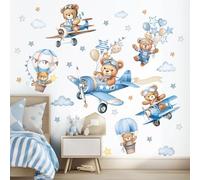 wondever Stickers Muraux Animaux Avion Ourson Autocollants Muraux Mural Stickers Montgolfière Ballon Ours Nuage et Étoile pour Chambre Enfants Garçon Bébé Pépinière