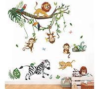 wondever Stickers Muraux Animaux de la Jungle Arbre Autocollants Muraux Mural Stickers Singe Lion Zèbre pour Chambre Enfants Bébé Pépinière
