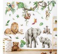 wondever Stickers Muraux Animaux de la Jungle Tropicales Vigne Autocollants Muraux Mural Stickers Sauvages Safari Éléphant Lion Singe pour Chambre Enfants Bébé Pépinière Salon