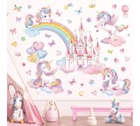 wondever Stickers Muraux Arc en Ciel Château Autocollants Muraux Mural Stickers Licorne Ballon Papillons pour Chambre Fille Bébé Pépinière