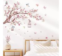 wondever Stickers Muraux Branche Fleurie Rose Autocollants Muraux Mural Stickers Oiseaux sur Branche Fleurs Magnolia pour Chambre Salon Mur TV