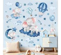wondever Stickers Muraux Eléphant Endormis Lune Bleu Autocollants Muraux Mural Stickers Montgolfière Nuage et Etoile pour Chambre Enfants Bébé Pépinière